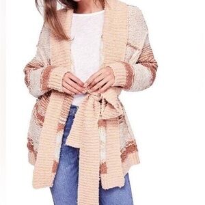 Free People Striped Belted Shawl Cardigan in Beige and Tan